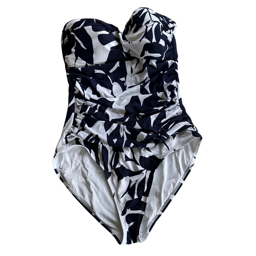 Anne‎ Cole Navy White Leaf Print Bandeau Ruched One Piece Swimsuit 12 FID1344